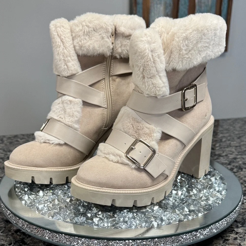INC International Concepts Cream Faux Fur Lug Heel Winter Boots